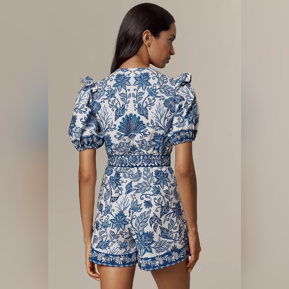 NEW FARM Rio blue & off-white shell garden 100% organic cotton Romper Size Small - Picture 5 of 13